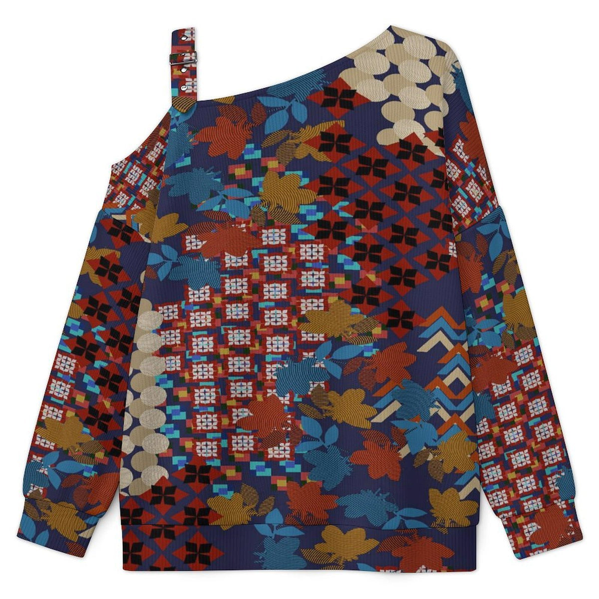 Off-the-shoulder Sweater Exotic Ethnic Pattern  Asymmetric Cold Shoulder Knit Sweater for Women, Adjustable Buckle Strap Long Sleeve Casual Slouchy Pullover
