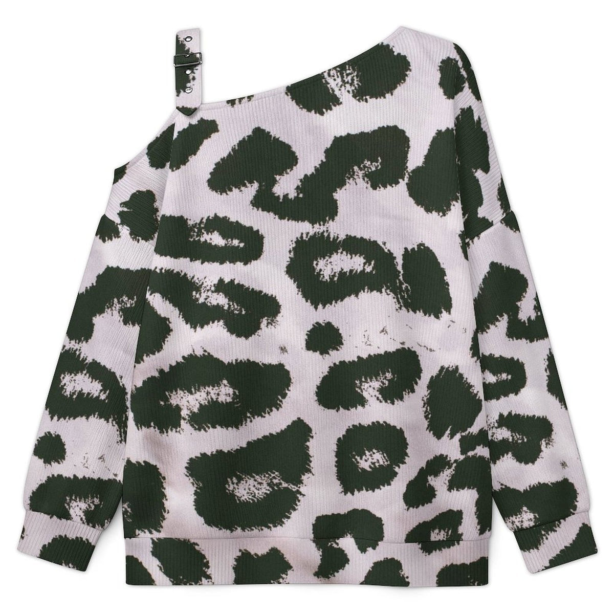 Off-the-shoulder Sweater Black And White Leopard Print  Asymmetric Cold Shoulder Knit Sweater for Women, Adjustable Buckle Strap Long Sleeve Casual Slouchy Pullover