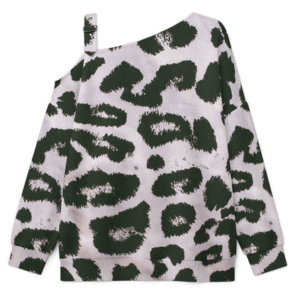 Off-the-shoulder Sweater Black And White Leopard Print  Asymmetric Cold Shoulder Knit Sweater for Women, Adjustable Buckle Strap Long Sleeve Casual Slouchy Pullover
