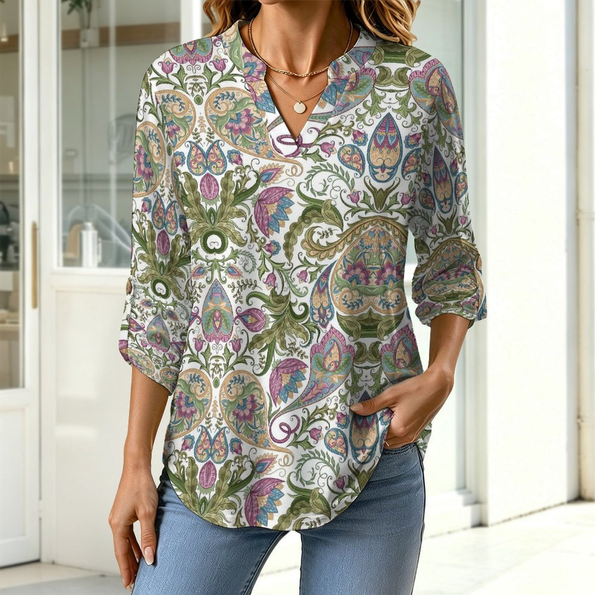 Paisley  Versatile Notched V-Neck Tunic | Roll Tab 3/4 Sleeve Office Casual Top