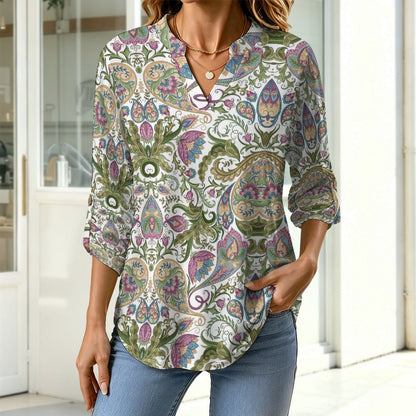 Paisley  Versatile Notched V-Neck Tunic | Roll Tab 3/4 Sleeve Office Casual Top