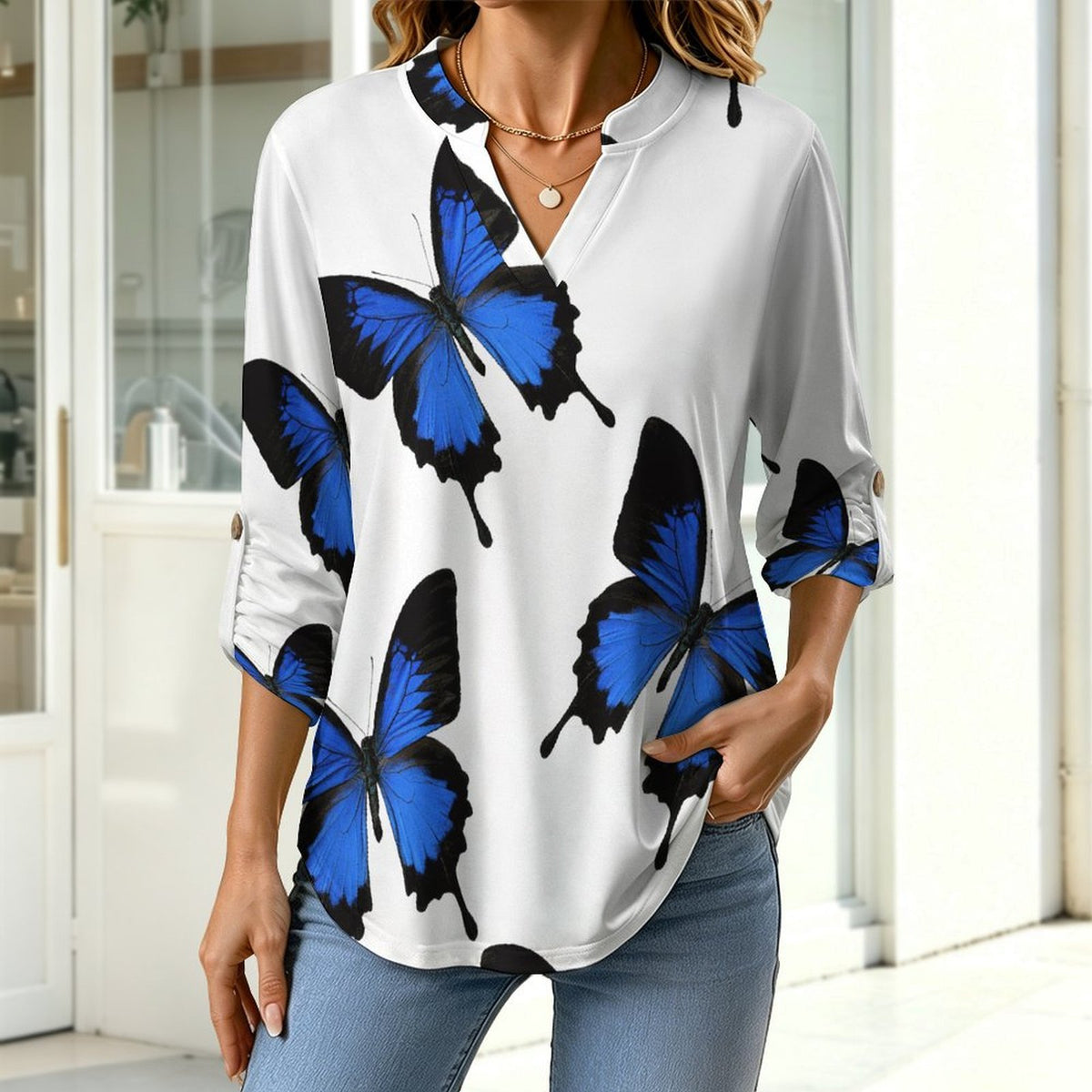 Stand-up Collar Long-sleeved Shirt The Butterfly Repeat  Customization Women’s V-Neck Blouses,long Sleeve,Roll-Up Sleeve Shirt