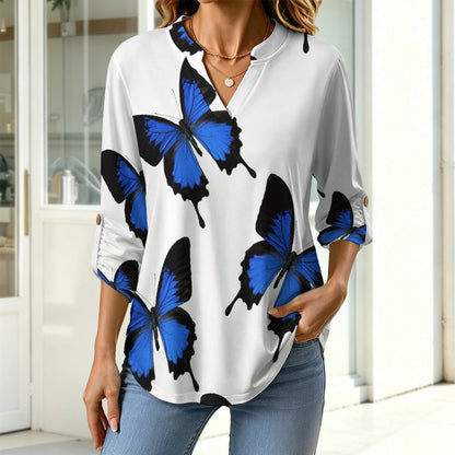 Stand-up Collar Long-sleeved Shirt The Butterfly Repeat  Customization Women’s V-Neck Blouses,long Sleeve,Roll-Up Sleeve Shirt