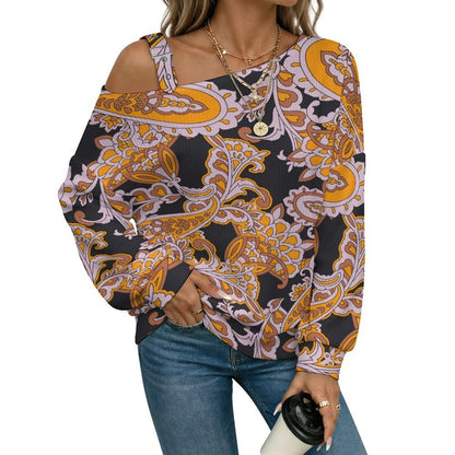 Off-the-shoulder Sweater European Retro Pattern  Asymmetric Cold Shoulder Knit Sweater for Women, Adjustable Buckle Strap Long Sleeve Casual Slouchy Pullover