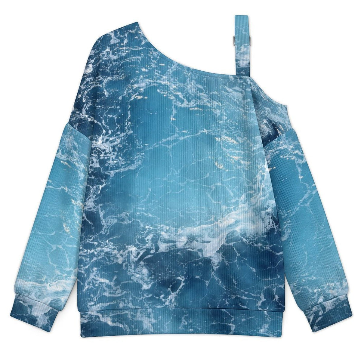Off-the-shoulder Sweater Waves  Asymmetric Cold Shoulder Knit Sweater for Women, Adjustable Buckle Strap Long Sleeve Casual Slouchy Pullover