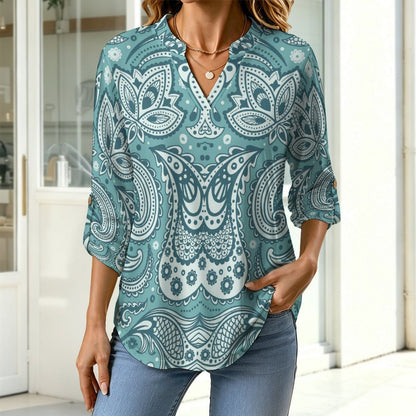 Paisley  Versatile Notched V-Neck Tunic | Roll Tab 3/4 Sleeve Office Casual Top