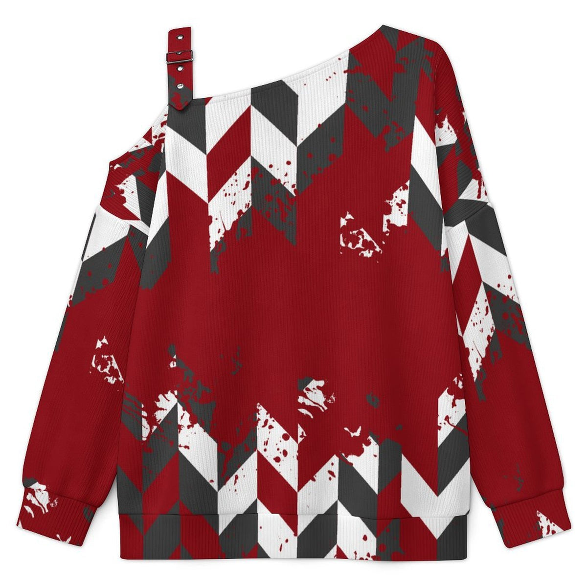 Fall Casual Asymmetric Shoulder Knit Top with Buckle Detail Stripe Line Pattern