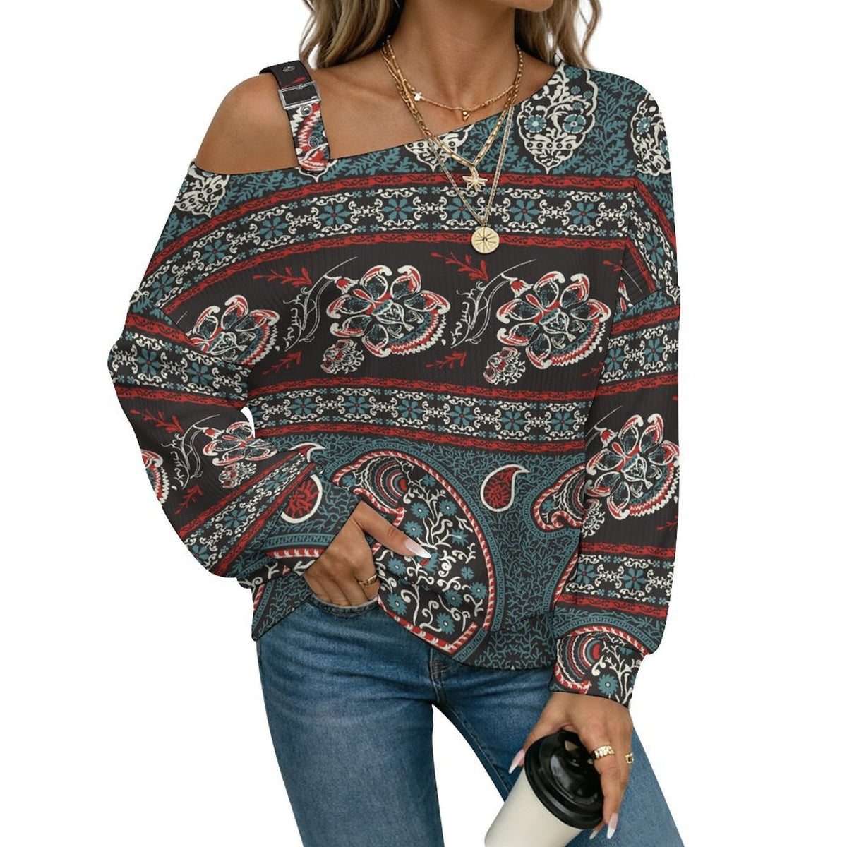 Off-the-shoulder Sweater European Retro Pattern white S Women’s Off-Shoulder Knit Sweater