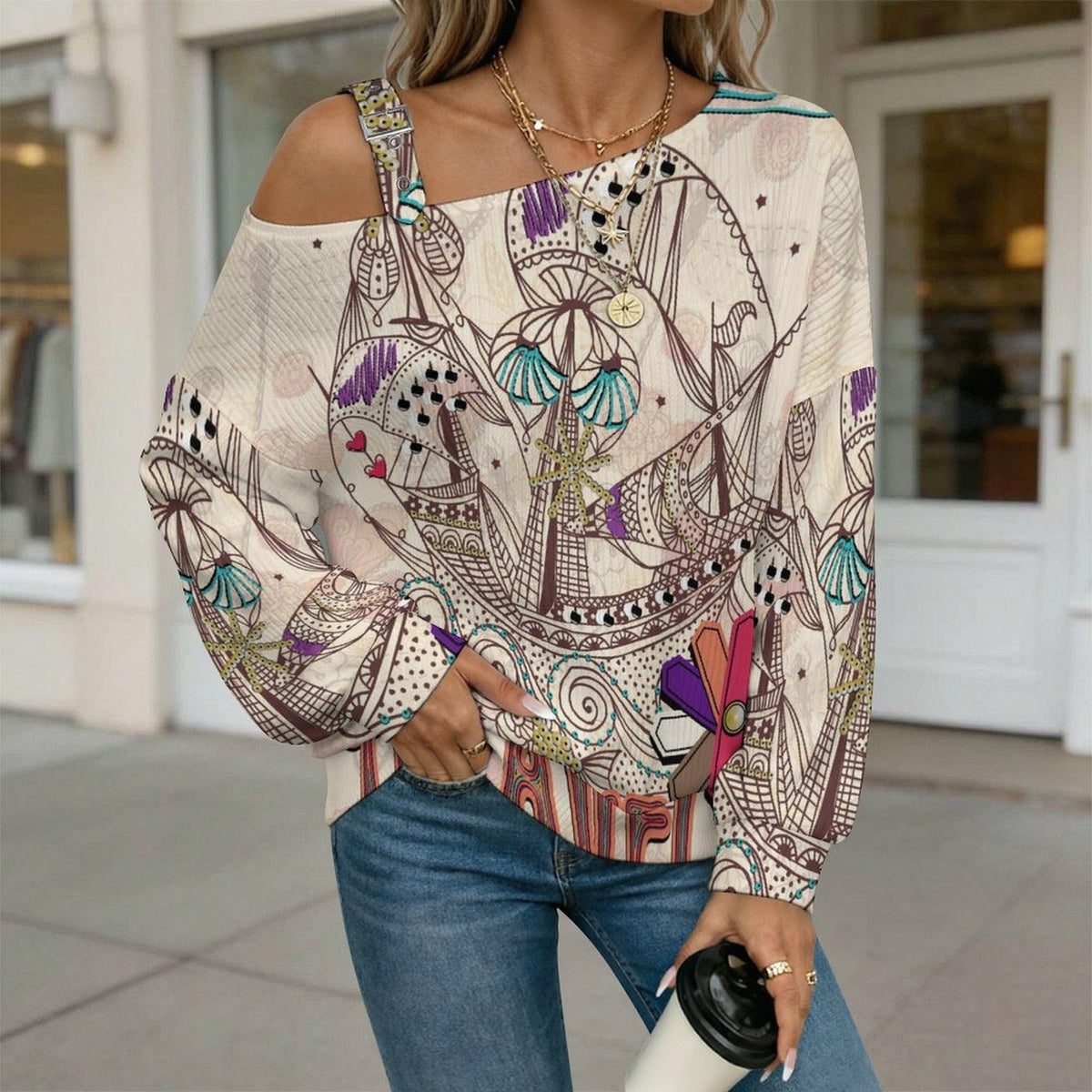 Off-the-shoulder Sweater Travels  Asymmetric Cold Shoulder Knit Sweater for Women, Adjustable Buckle Strap Long Sleeve Casual Slouchy Pullover