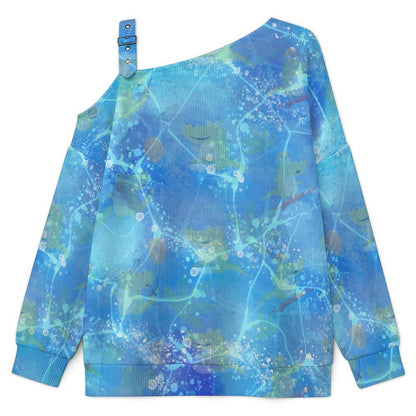 Off-the-shoulder Sweater Deep Sea Water,blue  Asymmetric Cold Shoulder Knit Sweater for Women, Adjustable Buckle Strap Long Sleeve Casual Slouchy Pullover
