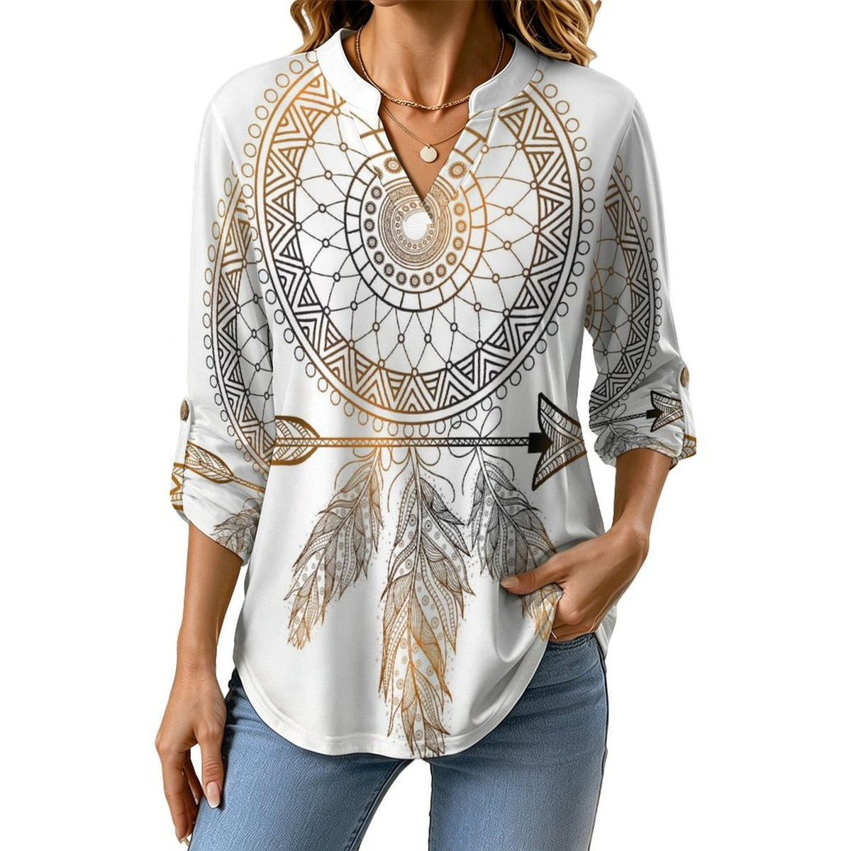 Stand-up Collar Long-sleeved Shirt Feathers  Customization Women’s V-Neck Blouses,long Sleeve,Roll-Up Sleeve Shirt