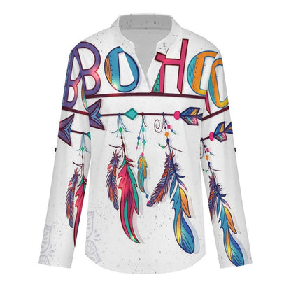 Stand-up Collar Long-sleeved Shirt Boho Style  Customization Women’s V-Neck Blouses,long Sleeve,Roll-Up Sleeve Shirt