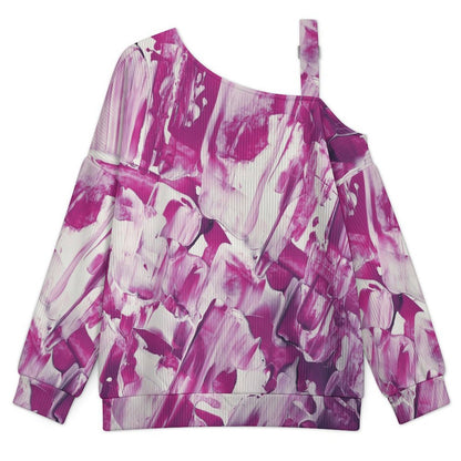 Off-the-shoulder Sweater Pink White Smear Pattern  Asymmetric Cold Shoulder Knit Sweater for Women, Adjustable Buckle Strap Long Sleeve Casual Slouchy Pullover