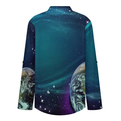 Stand-up Collar Long-sleeved Shirt Planet, Outer Space  Customization Women’s V-Neck Blouses,long Sleeve,Roll-Up Sleeve Shirt