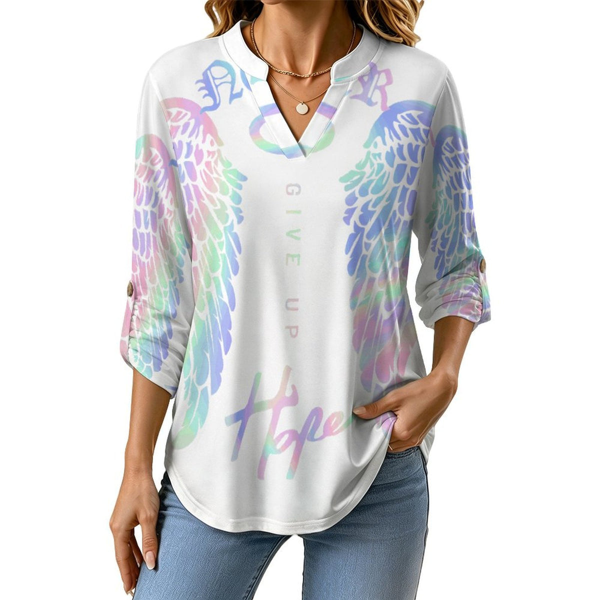 Stand-up Collar Long-sleeved Shirt Colorful Wings, Hope  Customization Women’s V-Neck Blouses,long Sleeve,Roll-Up Sleeve Shirt
