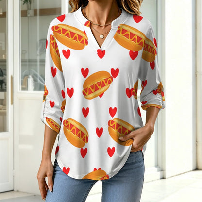 Stand-up Collar Long-sleeved Shirt Hot Dogs, Hearts, Repeat