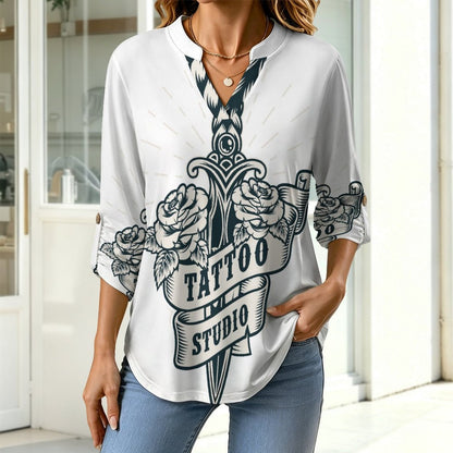 Dagger, Weapon Women's Notched V Neck Tunic Tops, Roll Up 3/4 Sleeve Button Cuff Casual Blouse, Hem Loose Work Shirts