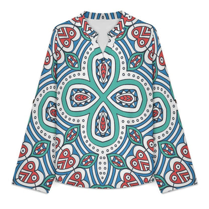Stand-up Collar Long-sleeved Shirt Chinese Style Repeating Pattern  Customization Women’s V-Neck Blouses,long Sleeve,Roll-Up Sleeve Shirt