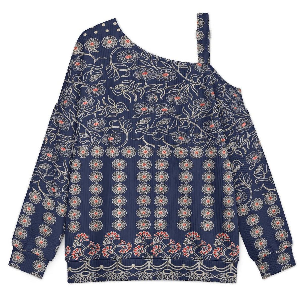Off-the-shoulder Sweater European Retro Pattern  Asymmetric Cold Shoulder Knit Sweater for Women, Adjustable Buckle Strap Long Sleeve Casual Slouchy Pullover