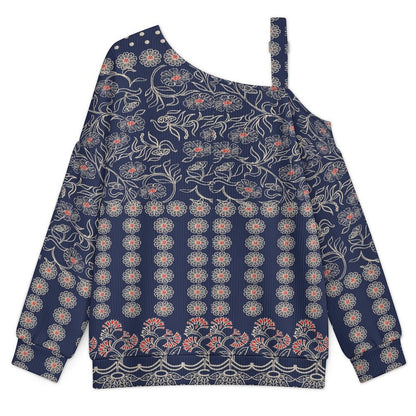 Off-the-shoulder Sweater European Retro Pattern  Asymmetric Cold Shoulder Knit Sweater for Women, Adjustable Buckle Strap Long Sleeve Casual Slouchy Pullover