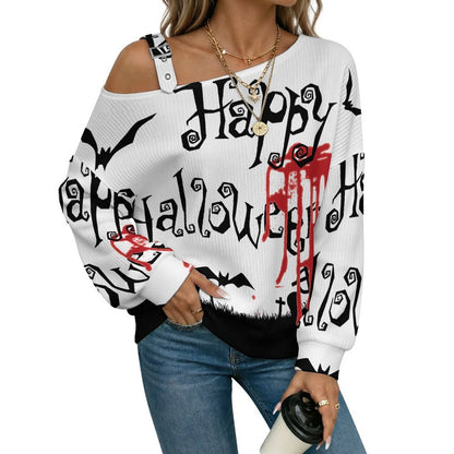Off-the-shoulder Sweater Halloween Ghosts, Bats  Asymmetric Cold Shoulder Knit Sweater for Women, Adjustable Buckle Strap Long Sleeve Casual Slouchy Pullover