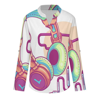 Stand-up Collar Long-sleeved Shirt Headphones, Music  Customization Women’s V-Neck Blouses,long Sleeve,Roll-Up Sleeve Shirt