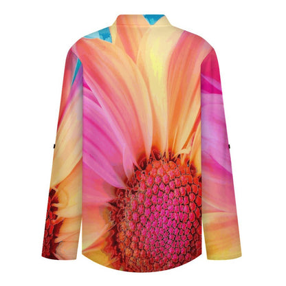 Stand-up Collar Long-sleeved Shirt Color Sunflower  Customization Women’s V-Neck Blouses,long Sleeve,Roll-Up Sleeve Shirt