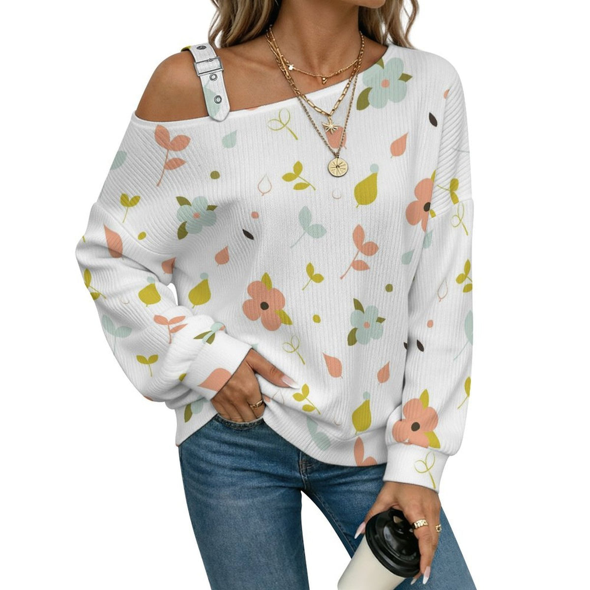 Off-the-shoulder Sweater Flowers Background  Asymmetric Cold Shoulder Knit Sweater for Women, Adjustable Buckle Strap Long Sleeve Casual Slouchy Pullover