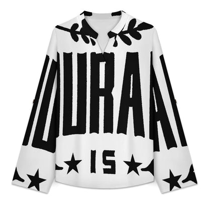Stand-up Collar Long-sleeved Shirt 1990, Retro Font Design,courage  Customization Women’s V-Neck Blouses,long Sleeve,Roll-Up Sleeve Shirt