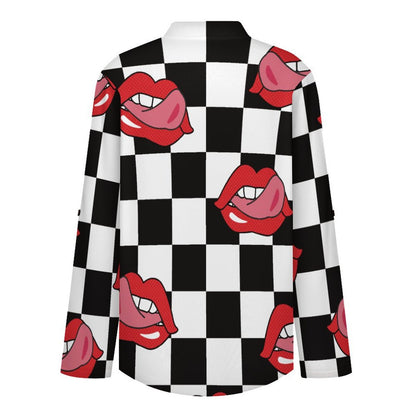 Stand-up Collar Long-sleeved Shirt Pop Style Red Lips Repeat Pattern Black And White Checkered  Customization Women’s V-Neck Blouses,long Sleeve,Roll-Up Sleeve Shirt