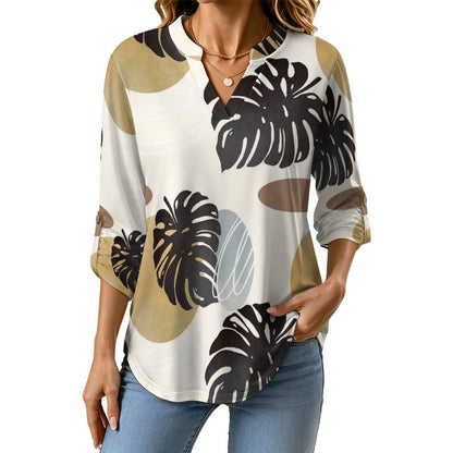 Stand-up Collar Long-sleeved Shirt Morandi Color Plant  Customization Women’s V-Neck Blouses,long Sleeve,Roll-Up Sleeve Shirt