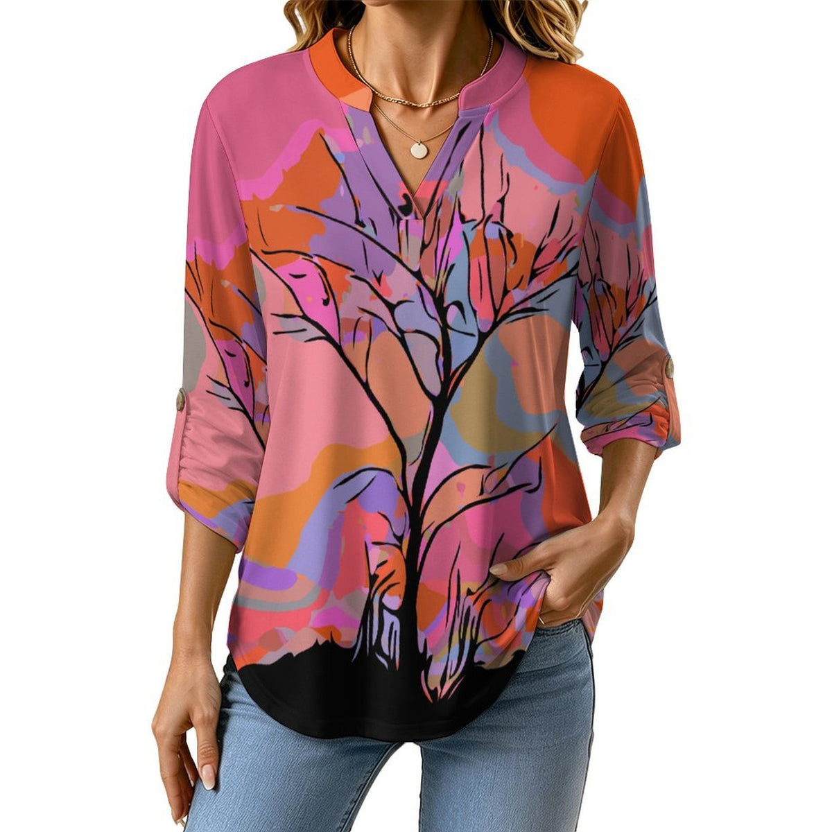 Stand-up Collar Long-sleeved Shirt Dusk, Trees, Nature  Customization Women’s V-Neck Blouses,long Sleeve,Roll-Up Sleeve Shirt