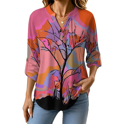 Stand-up Collar Long-sleeved Shirt Dusk, Trees, Nature  Customization Women’s V-Neck Blouses,long Sleeve,Roll-Up Sleeve Shirt