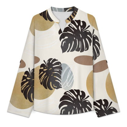 Stand-up Collar Long-sleeved Shirt Morandi Color Plant  Customization Women’s V-Neck Blouses,long Sleeve,Roll-Up Sleeve Shirt