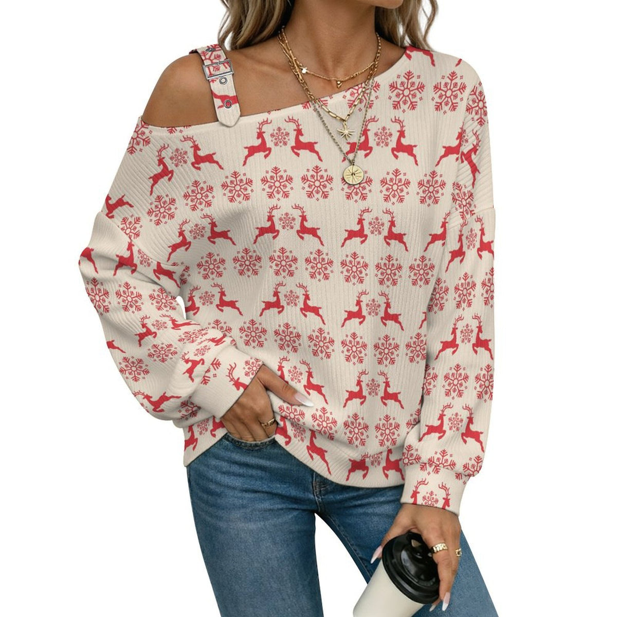 Off-the-shoulder Sweater Christmas-snowflake-reindeer-red-tiled-repeat  Asymmetric Cold Shoulder Knit Sweater for Women, Adjustable Buckle Strap Long Sleeve Casual Slouchy Pullover