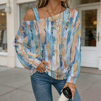 Off-the-shoulder Sweater Exotic Ethnic Pattern  Asymmetric Cold Shoulder Knit Sweater for Women, Adjustable Buckle Strap Long Sleeve Casual Slouchy Pullover
