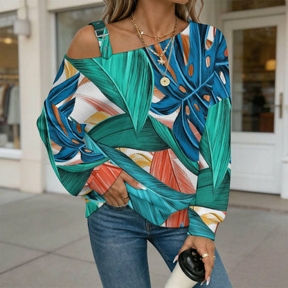 Off-the-shoulder Sweater Leaves  Asymmetric Cold Shoulder Knit Sweater for Women, Adjustable Buckle Strap Long Sleeve Casual Slouchy Pullover
