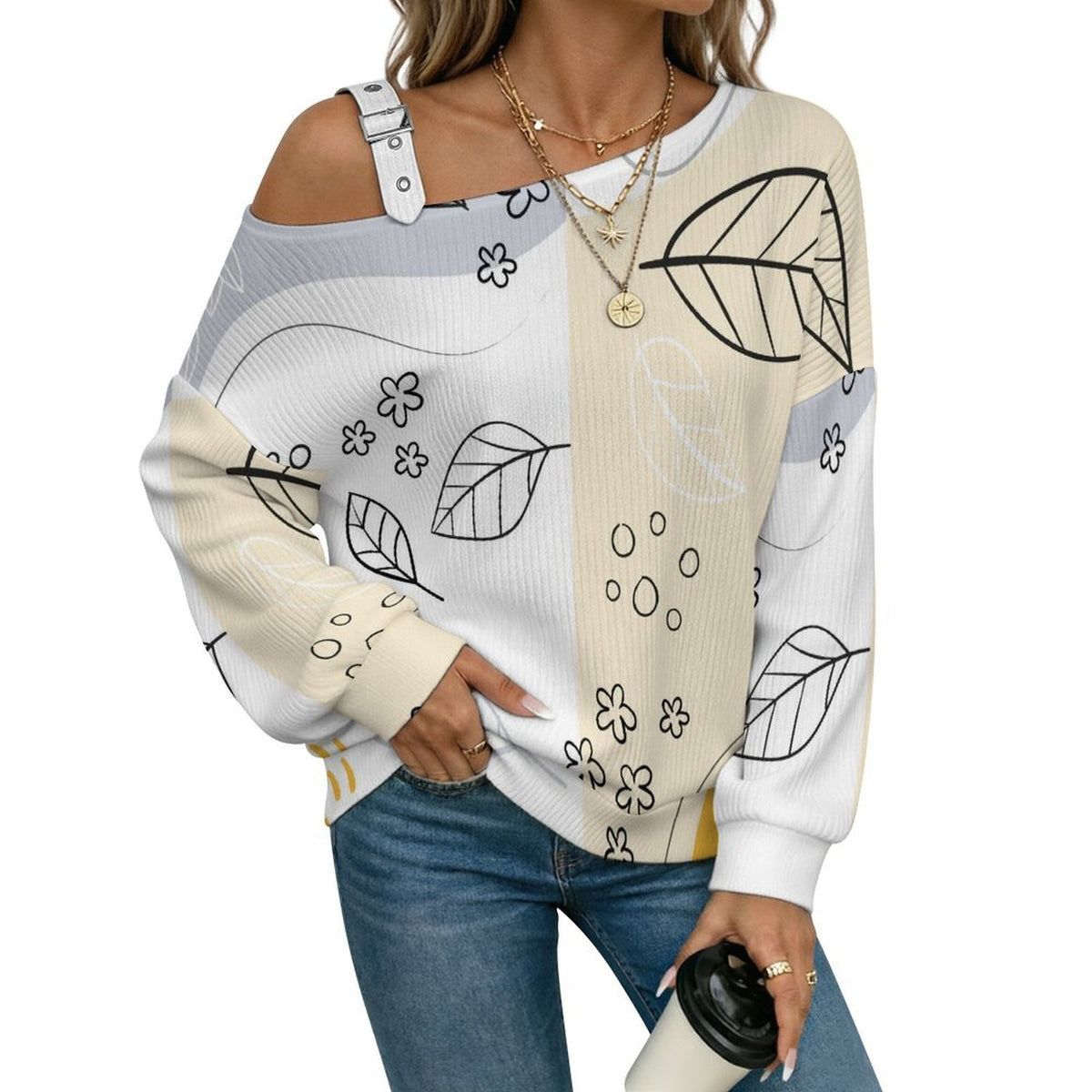 Off-the-shoulder Sweater Line Design, Flowers  Asymmetric Cold Shoulder Knit Sweater for Women, Adjustable Buckle Strap Long Sleeve Casual Slouchy Pullover
