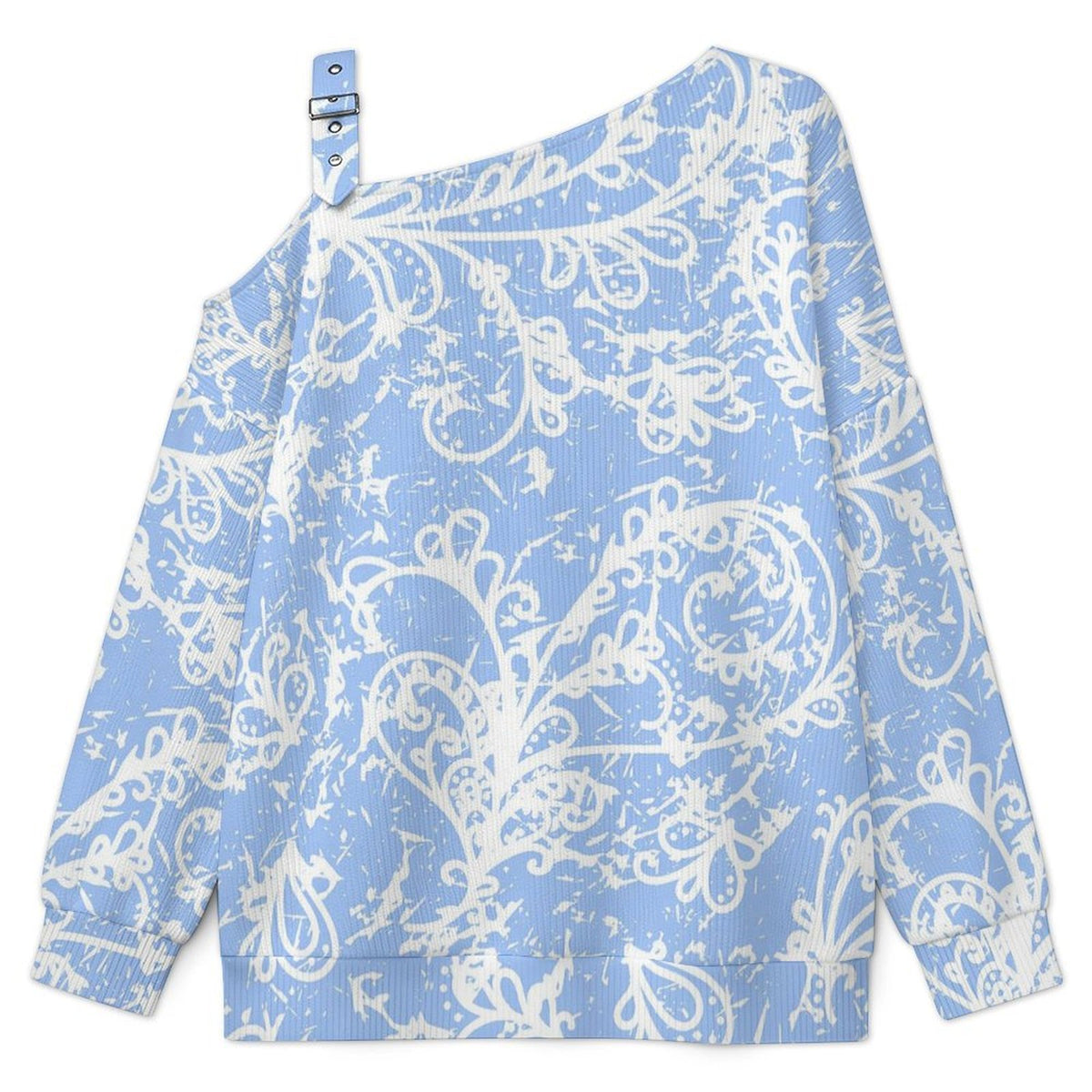 Off-the-shoulder Sweater Blue Paisley Pattern  Asymmetric Cold Shoulder Knit Sweater for Women, Adjustable Buckle Strap Long Sleeve Casual Slouchy Pullover