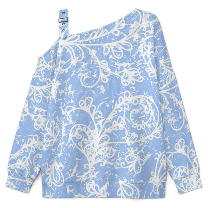 Off-the-shoulder Sweater Blue Paisley Pattern  Asymmetric Cold Shoulder Knit Sweater for Women, Adjustable Buckle Strap Long Sleeve Casual Slouchy Pullover