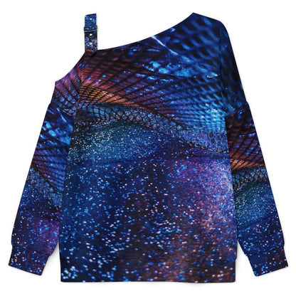 Off-the-shoulder Sweater Blue Starlight Pattern  Asymmetric Cold Shoulder Knit Sweater for Women, Adjustable Buckle Strap Long Sleeve Casual Slouchy Pullover