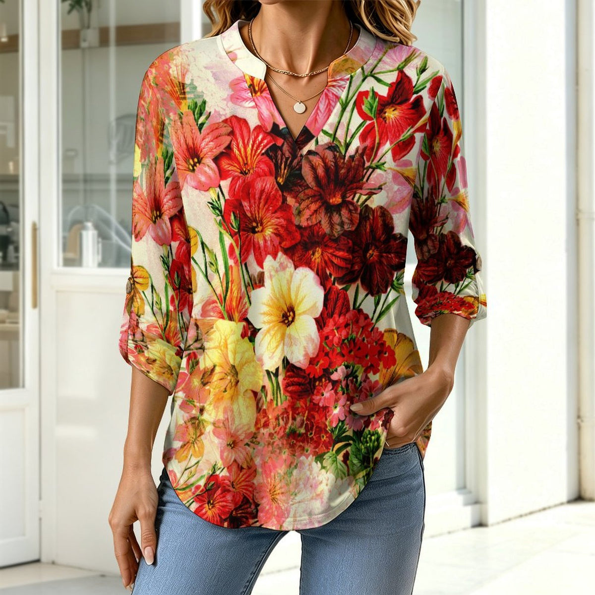 Stand-up Collar Long-sleeved Shirt Red Flowers  Customization Women’s V-Neck Blouses,long Sleeve,Roll-Up Sleeve Shirt