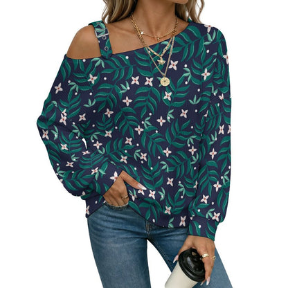 Long Sleeve Relaxed-Fit Solid Pullover Flower Pattern Green