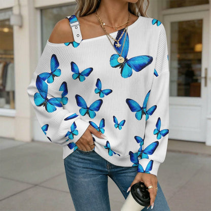 Women’s Off-Shoulder Knit Sweater Blue Butterfly in My Dream