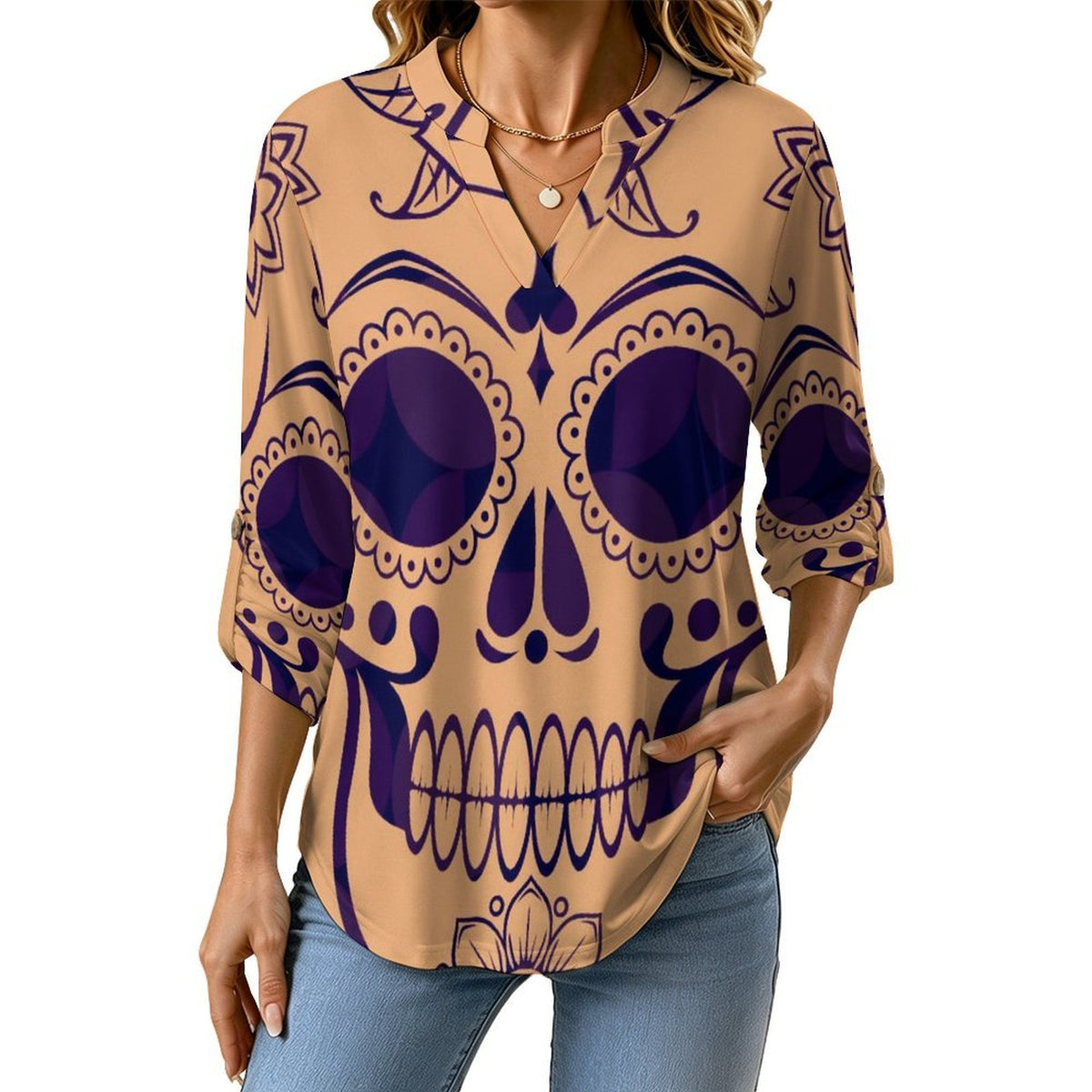 Stand-up Collar Long-sleeved Shirt Skull, Pattern  Customization Women’s V-Neck Blouses,long Sleeve,Roll-Up Sleeve Shirt