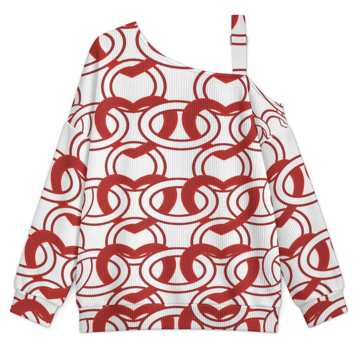 Off-the-shoulder Sweater Heart Pattern  Asymmetric Cold Shoulder Knit Sweater for Women, Adjustable Buckle Strap Long Sleeve Casual Slouchy Pullover