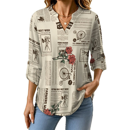 Versatile Notched V-Neck Tunic  Roll Tab 3/4 Sleeve Office Casual Top  Yellow Newspaper  Red Rose