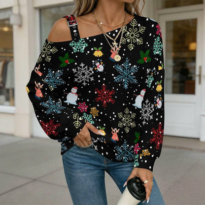 Black, Snowflakes, Santa Claus Fall Casual Asymmetric Shoulder Knit Top with Buckle Detail