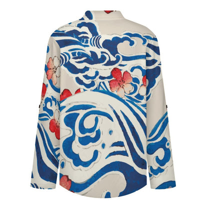 Stand-up Collar Long-sleeved Shirt Chinese Wind, Waves, Flowers  Customization Women’s V-Neck Blouses,long Sleeve,Roll-Up Sleeve Shirt