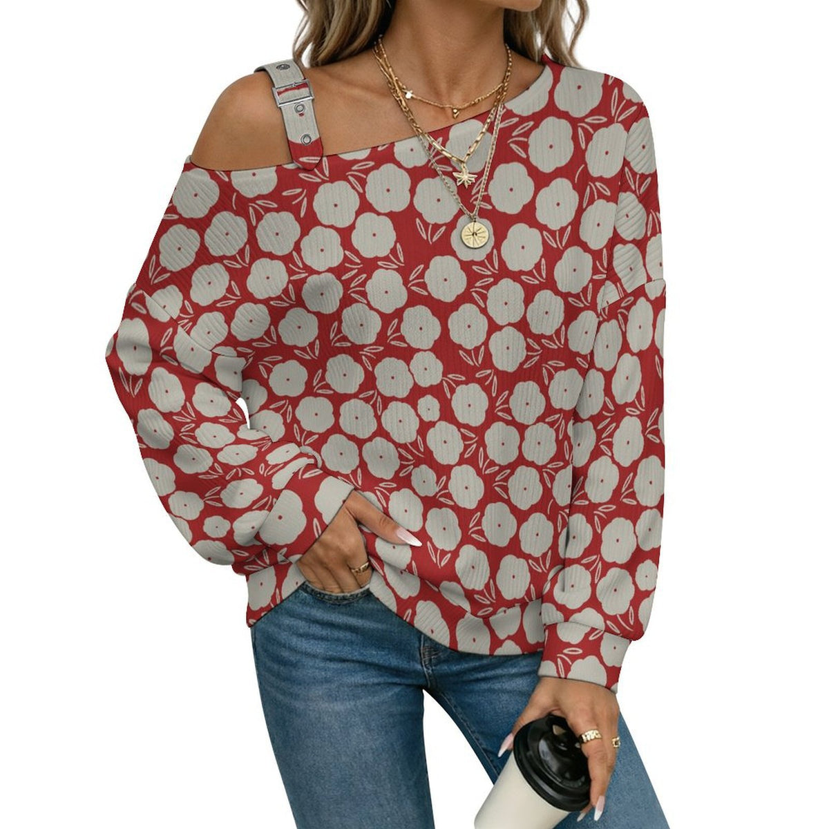 Off-the-shoulder Sweater Flower--white-repeat-red  Asymmetric Cold Shoulder Knit Sweater for Women, Adjustable Buckle Strap Long Sleeve Casual Slouchy Pullover